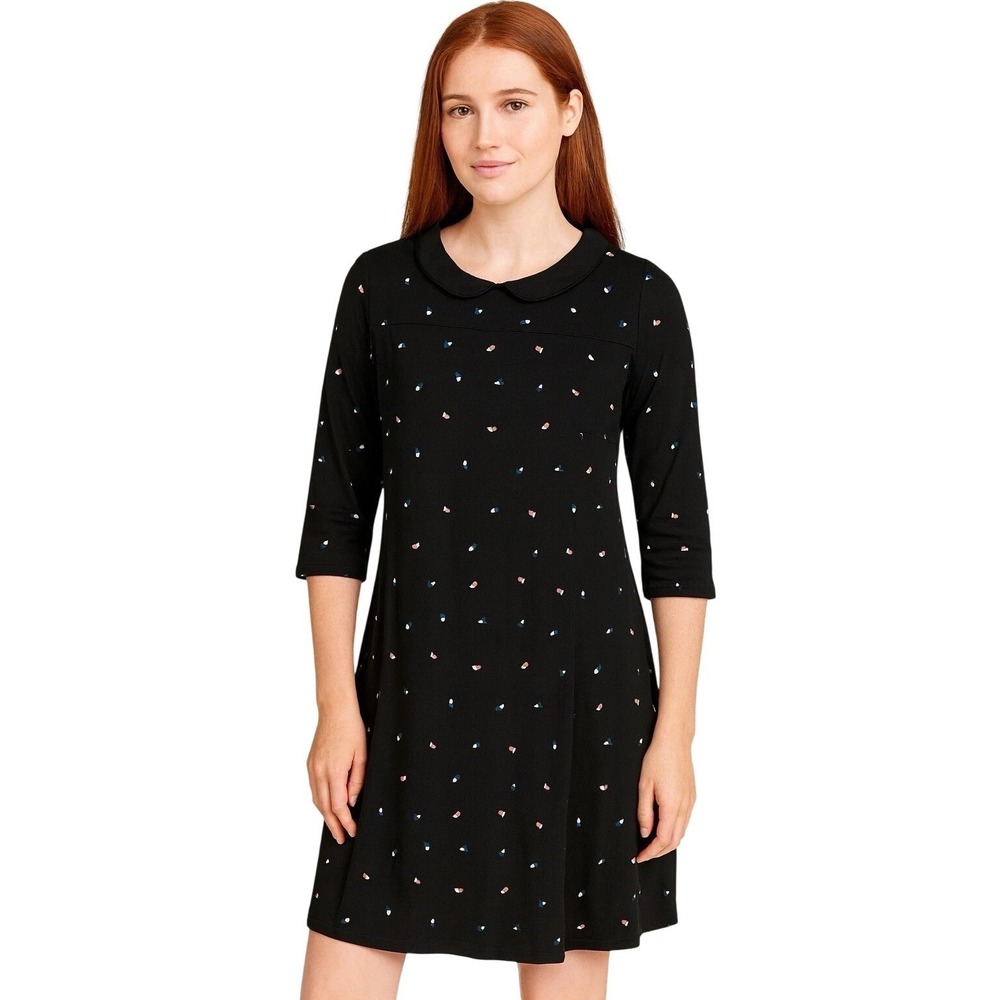 Boden 10R Dress Peter Pan Collar Black Leaf Shift Dress Floral Print Preppy Midi